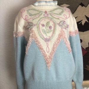 Pastel colored sweater w/ beaded and crocheted
